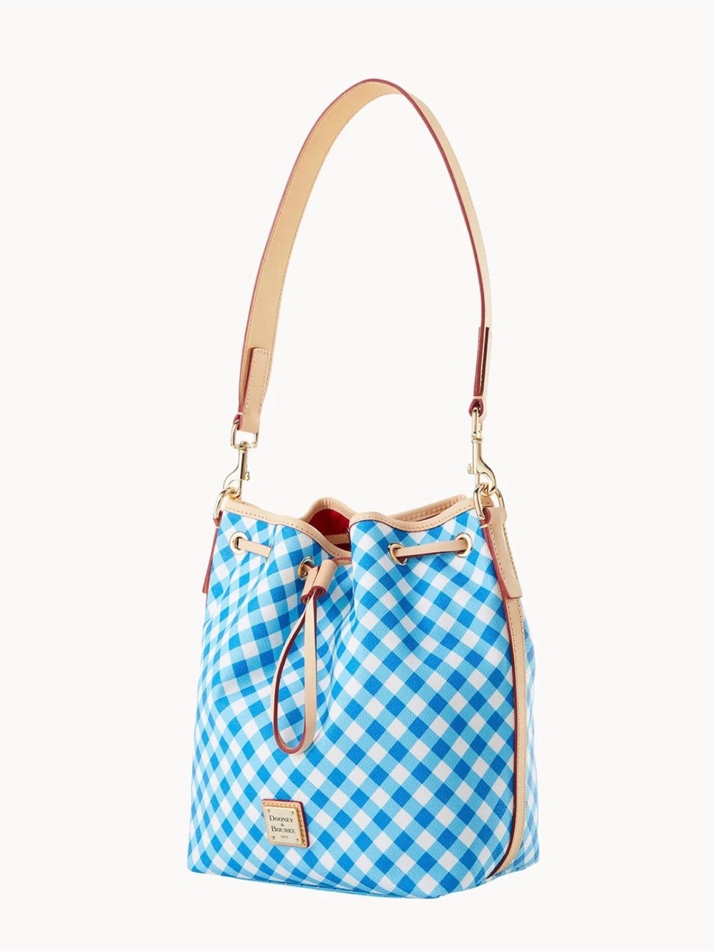 Dooney & Bourke Blue Gingham Drawstring Bucket Bag with Tan Trim
